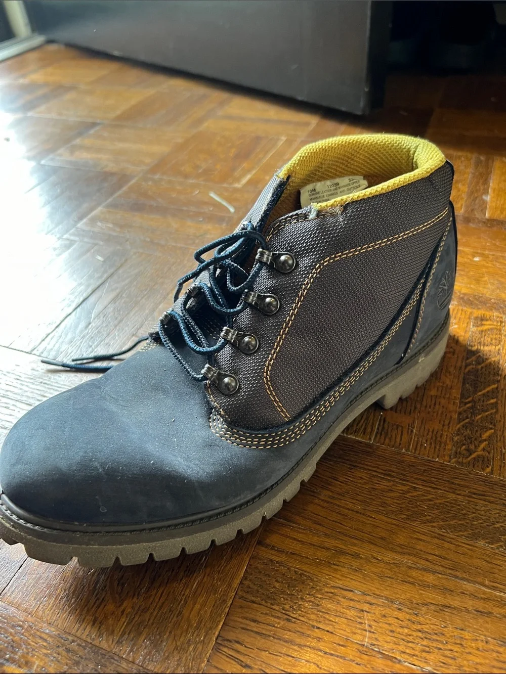 Timberland Navy Work Boot with Yellow Collar